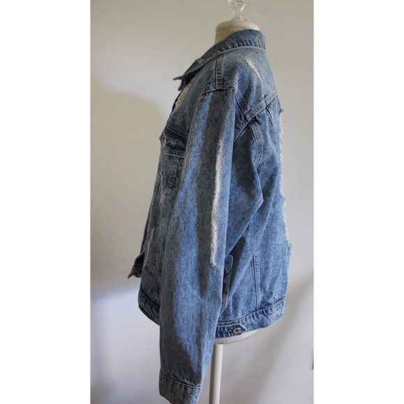 Highway NWT Destroyed Denim Jean Jacket XL Distressed Frayed Fringe - Picture 6 of 11